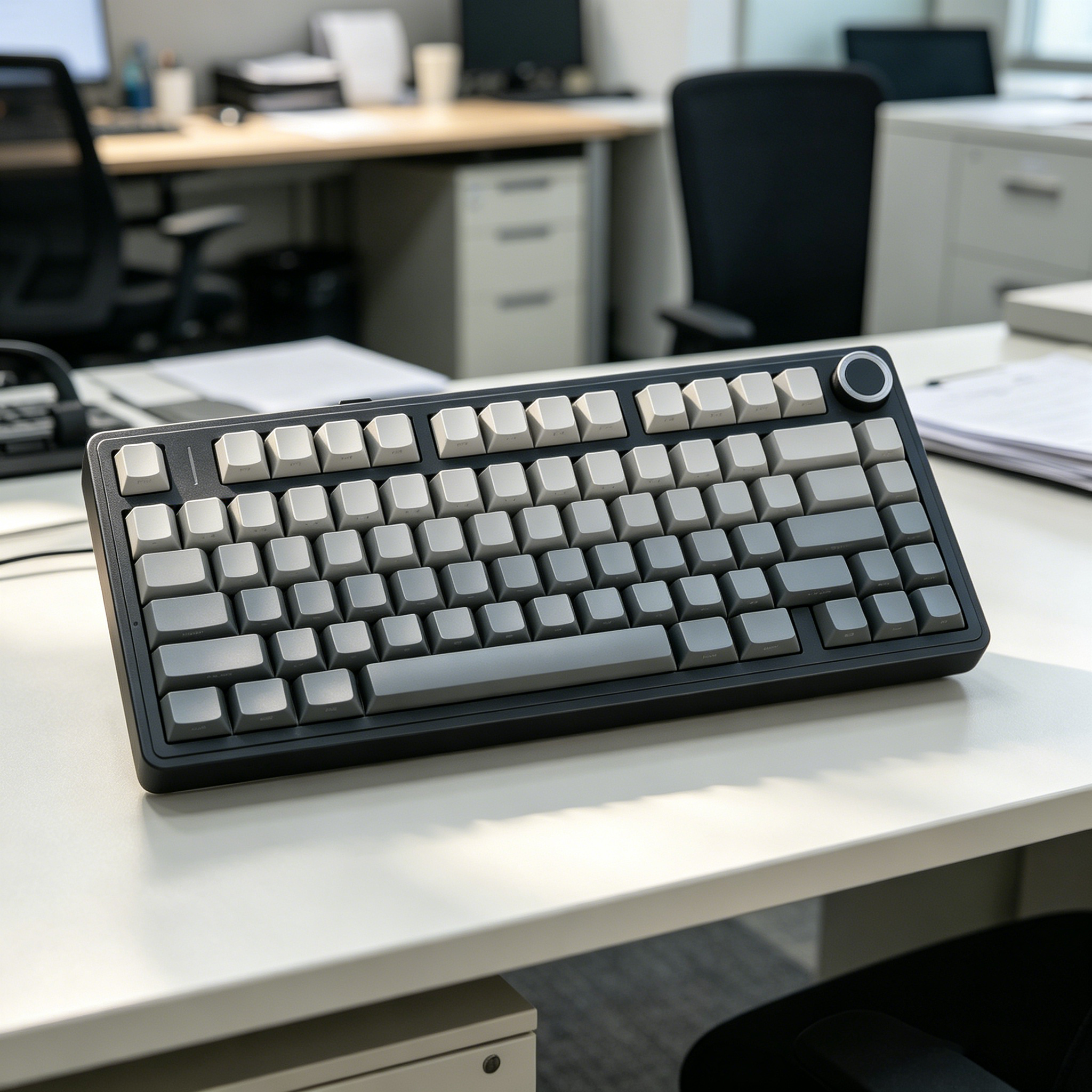 Teclado mecánico compacto inclinado con teclas grises sobre un escritorio blanco en un entorno de oficina.