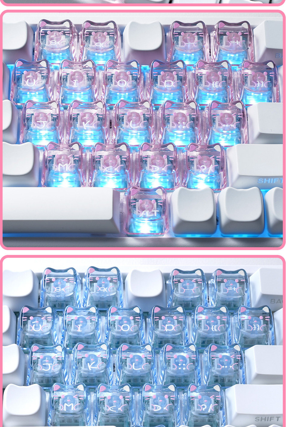 Gros plan d'un clavier dont les touches roses translucides s'illuminent en bleu, montrant les détails de chaque touche en gros plan.