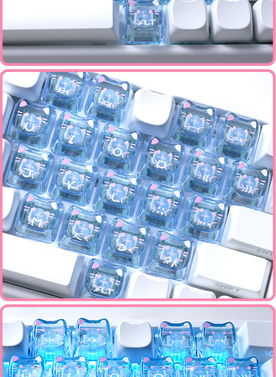 Gros plan sur un clavier blanc avec des touches bleues translucides et des accents roses, évoquant une ambiance science-fiction ludique.