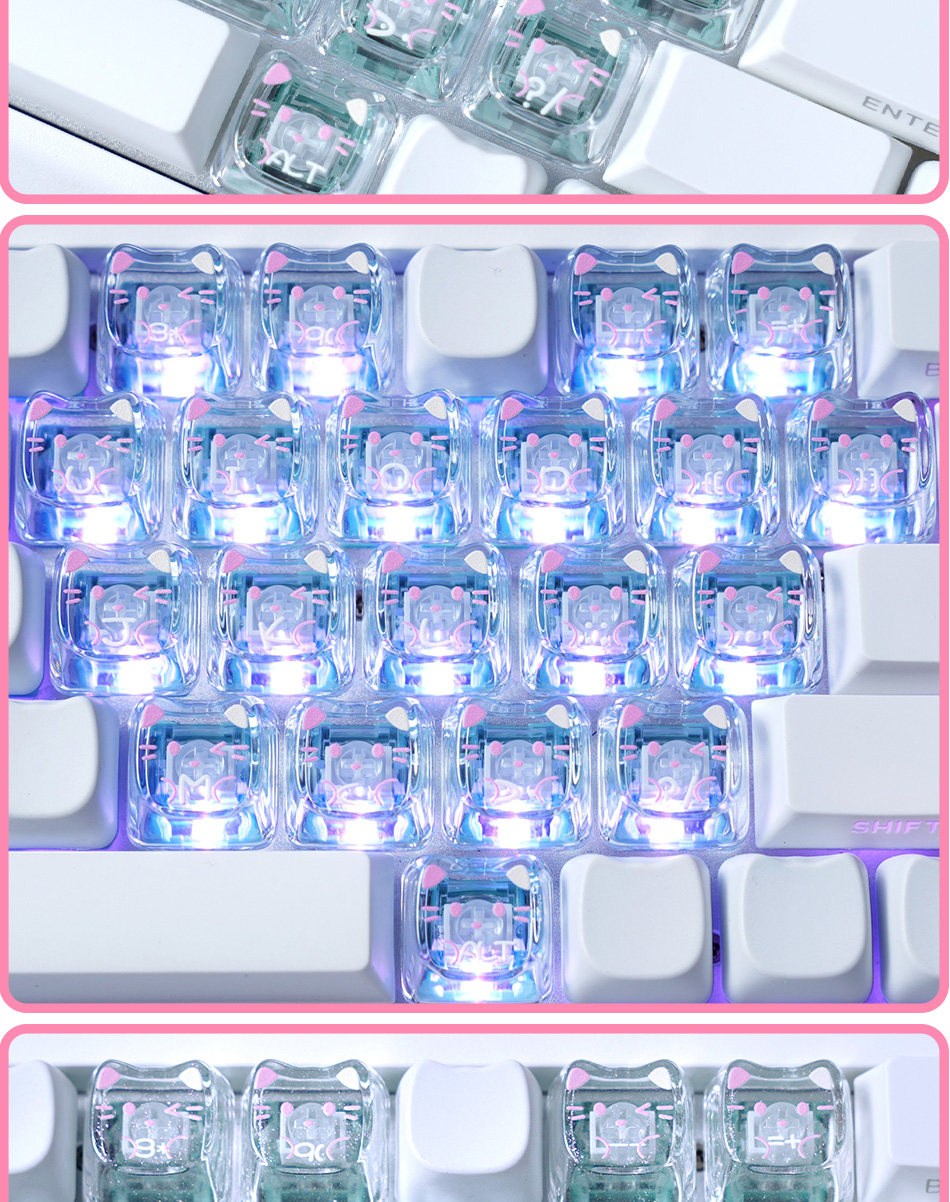 Gros plan sur un clavier mécanique blanc avec des interrupteurs translucides éclairés par des LED bleu-violet.
