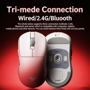 Two boxing gloves pressed together against a red gradient background promoting a Tri mode Connection wired24GBluetooth