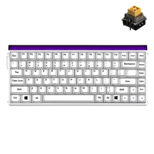 Clavier mécanique blanc avec rétroéclairage violet et un unique interrupteur jaune remplaçable à chaud flottant au-dessus du coin supérieur droit.