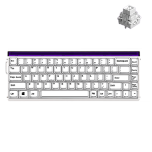 Clavier mécanique blanc compact avec une barre rétroéclairée violette sur le bord supérieur et un petit composant modulaire dans le coin supérieur droit.