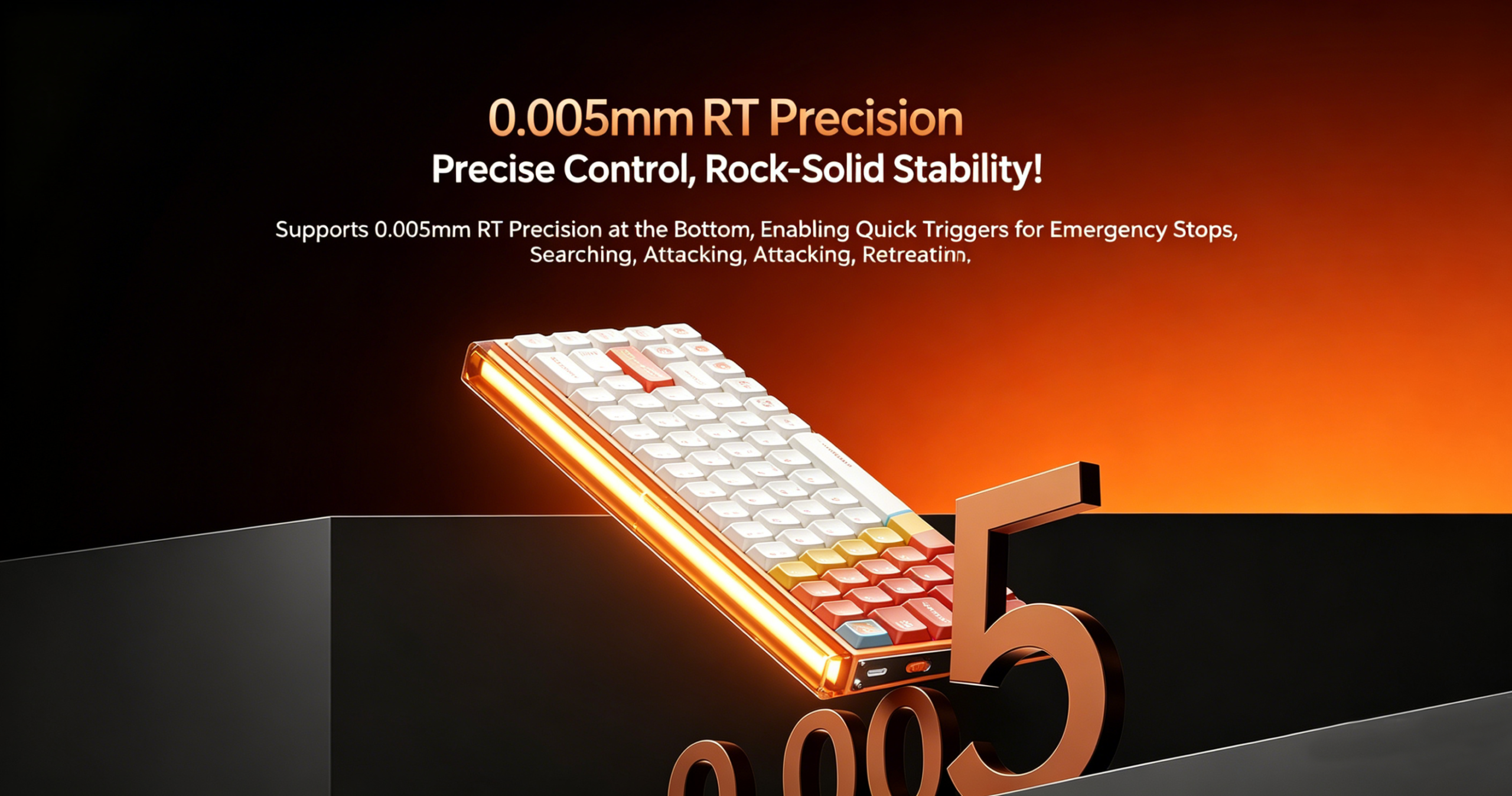 0005mm RT Precision и слоган «Точный контроль, непоколебимая стабильность» с подсвечивающейся угловой клавиатурой на черном фоне.