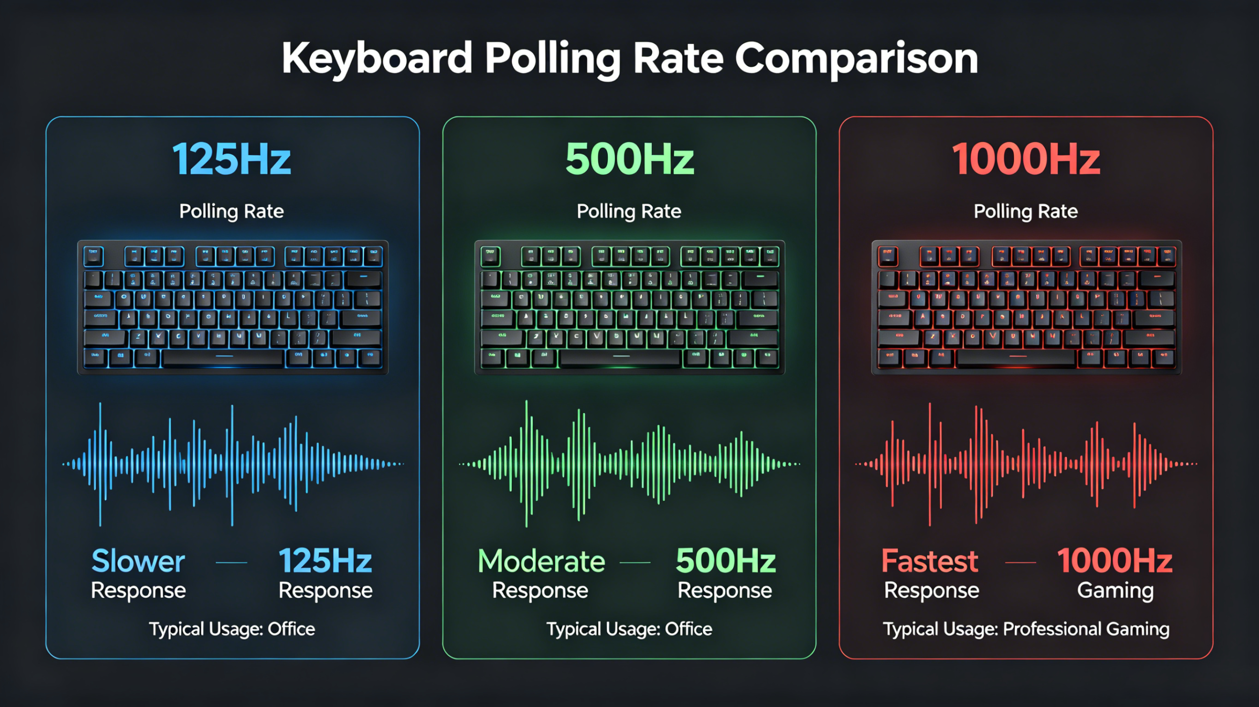 Comparación de la tasa de sondeo de teclados de 125 Hz, 1000 Hz y 8000 Hz