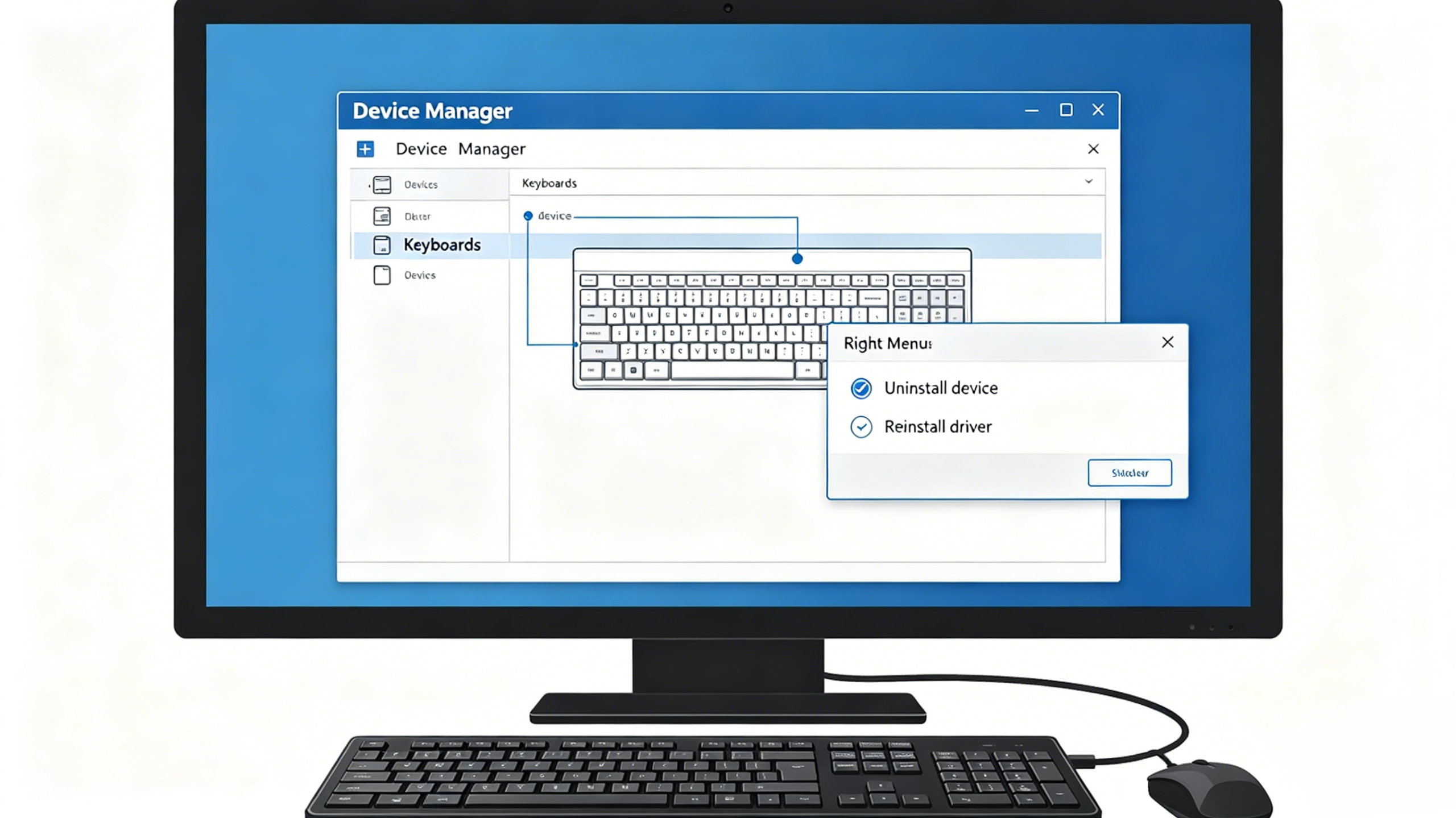 Monitor shows Windows Device Manager with the Keyboards section selected and a keyboard diagram a right click menu lists Uninstall device and Reinstall driver