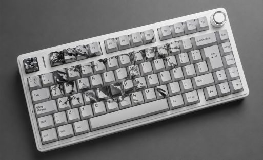 White keyboard with several cracked, shattered keys on a gray background (black-and-white photo).